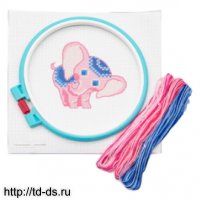 Набор для вышивания Hobby & Pro Kids №218 'Розовый слоненок' 19*19см (канва с рисунком, пяльцы, нитки, игла - швейная фурнитура, товары для творчества оптом  ТД "КолинькоФ"